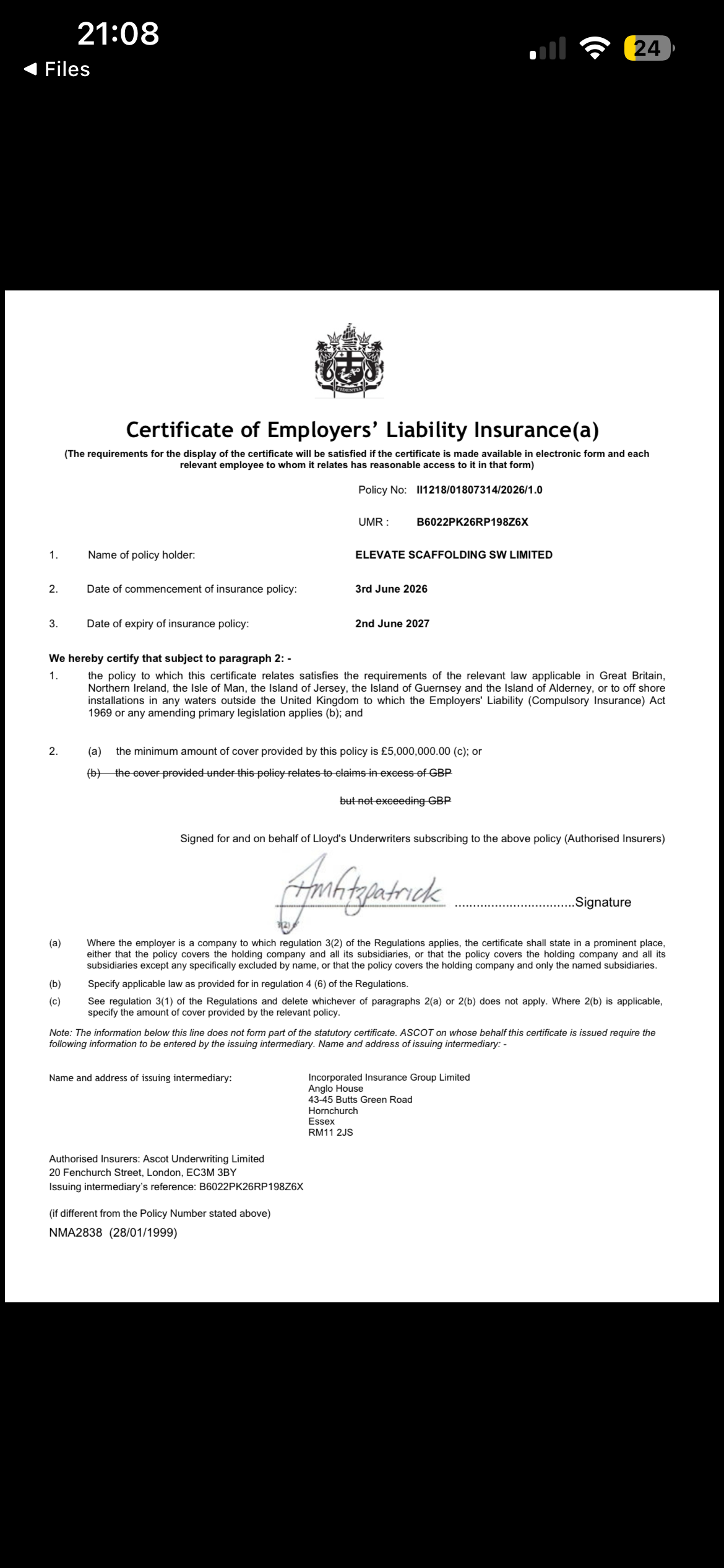Employers liability certificate