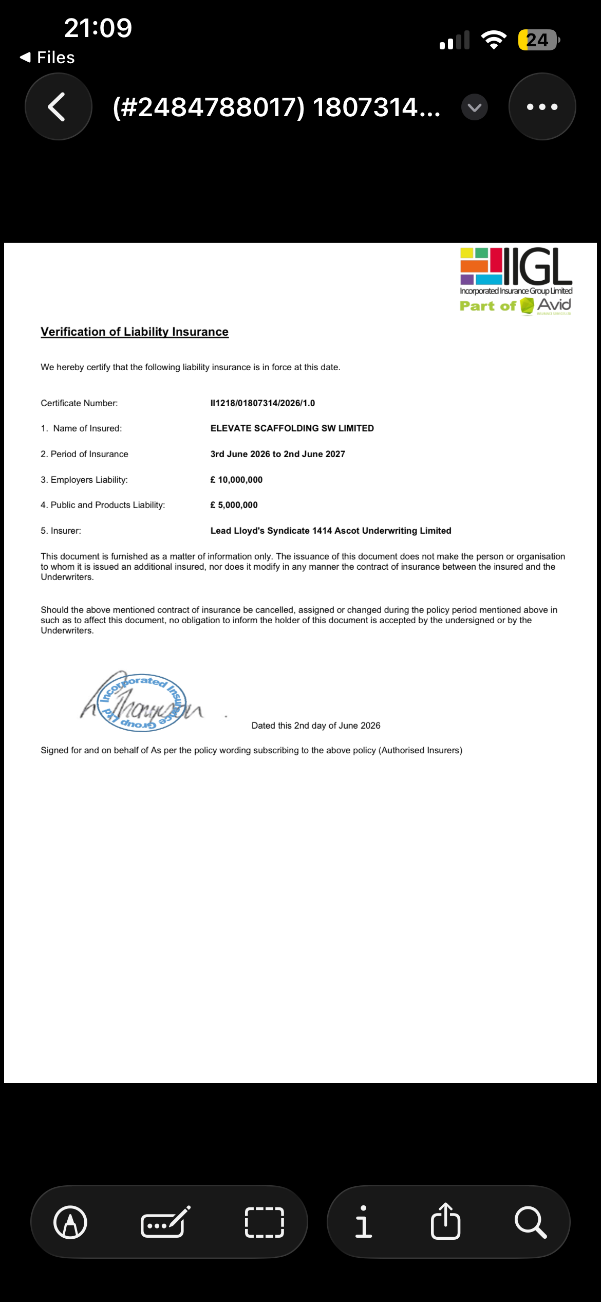 Public liability certificate
